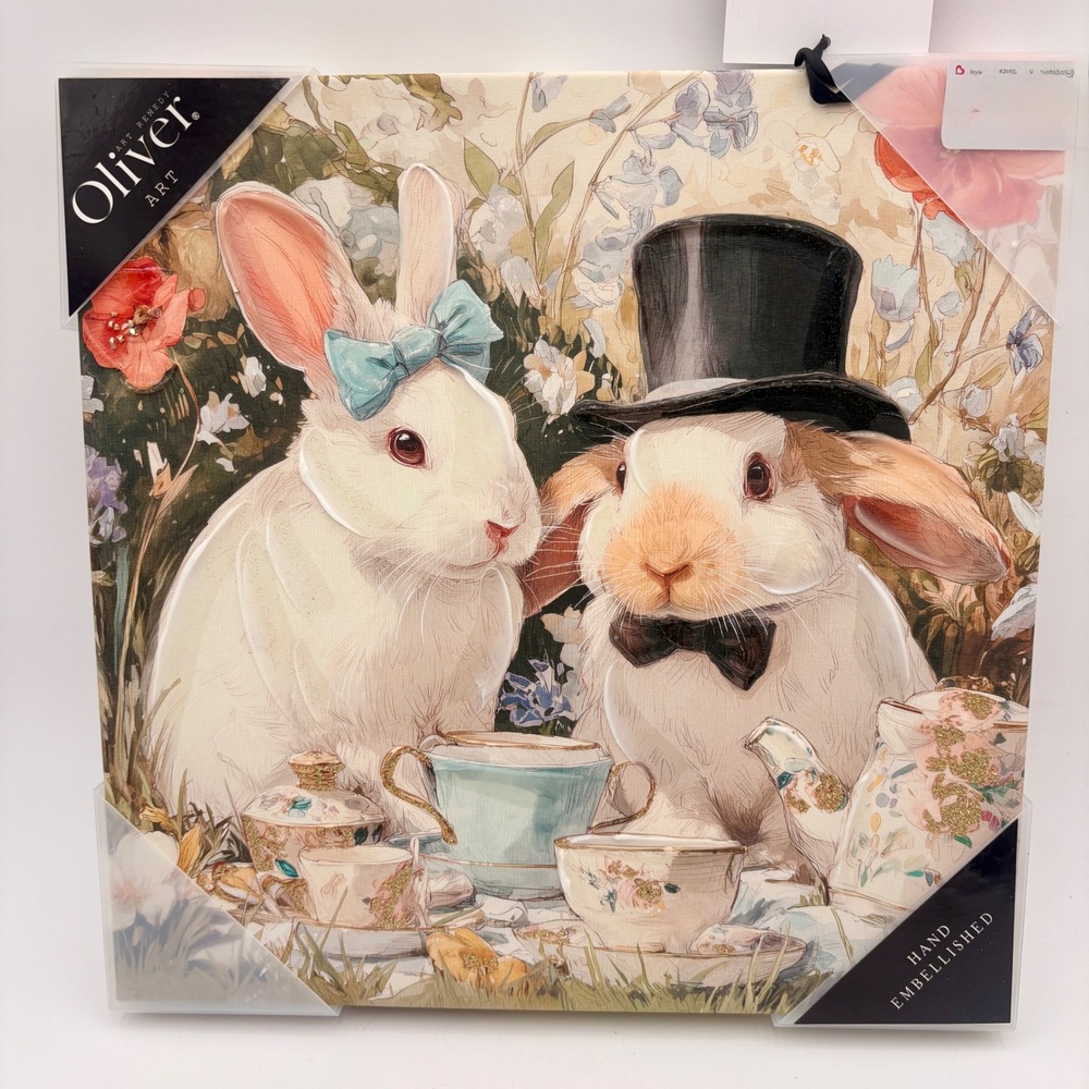 Oliver Art Hand Embellished Canvas‎ Art Print Easter Rabbits Tea Party Top Hat